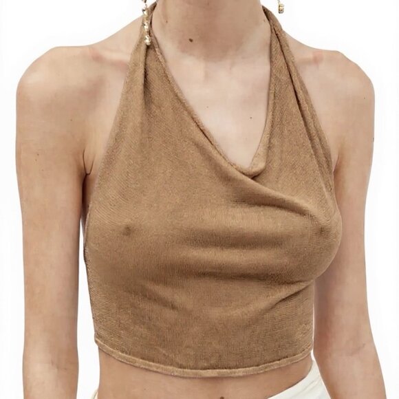 New Aya Muse Cinnabar Knit Tied Draped Halter Crop Top XXS Light Brown - Picture 3 of 6
